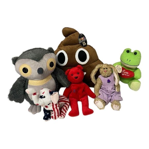 Plush Lot Stuffed Animals Owl Poop Frog Bear Bunny Elephant - Picture 1 of 14